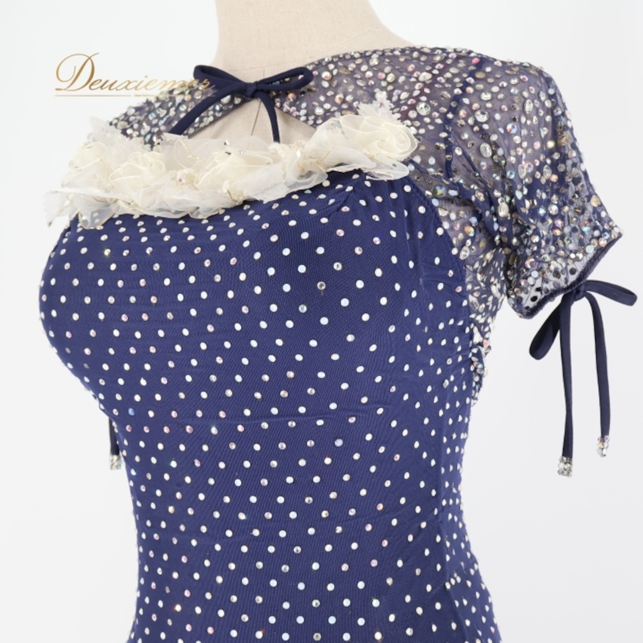 社交ダンス 衣装 タカダンス TAKADANCE スタンダードドレス ワンピース ドレス ネイビー 紺 デモ 競技 フリル レース 上品 かわいい 白 ネイビー系 大人 レディース ドレスアップ おしゃれ パーティ フェミニン