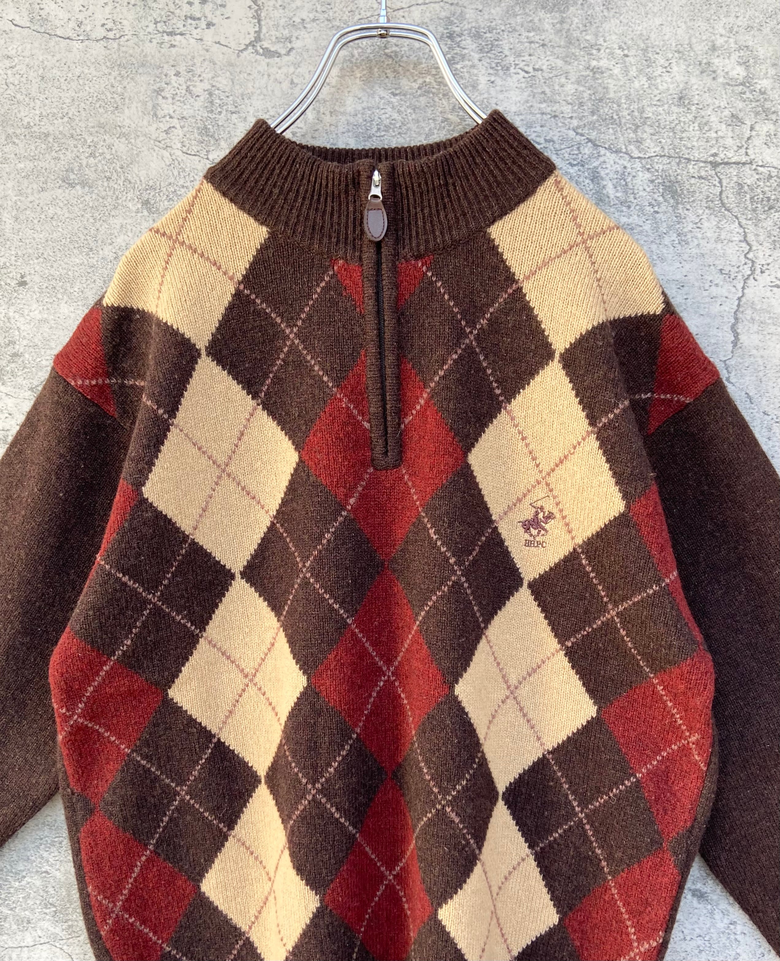 POLO CLUB ポロクラブ 刺繍 ニット アーガイルチェック柄 ブラウン ハーフジップ