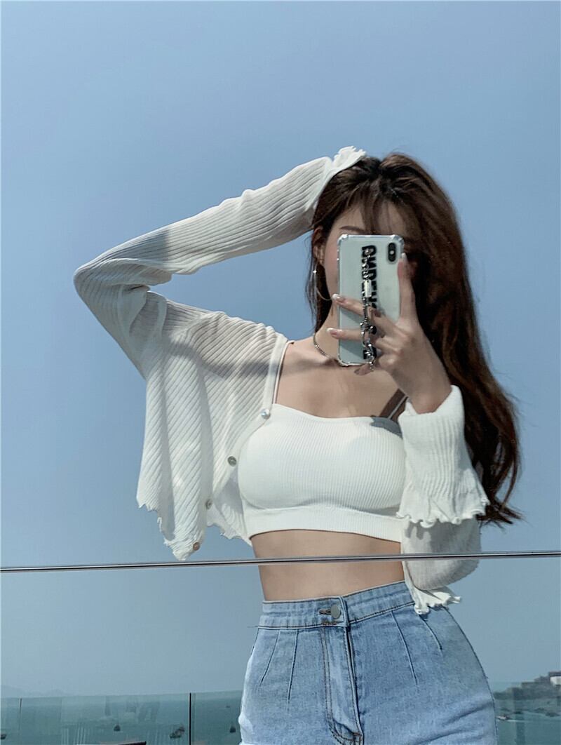 ニット ショート薄手ホワイト長袖スリーブカーディガンジャケット サマートップス ロング 夏物 シルク ブラックストロベリース43122706738