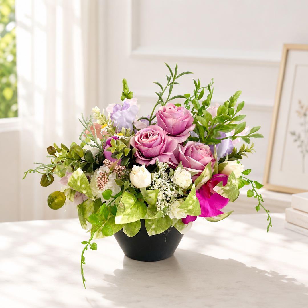 敬老の日ギフト｜薔薇と季節の花のSサイズアレンジ 光触媒加工 アート