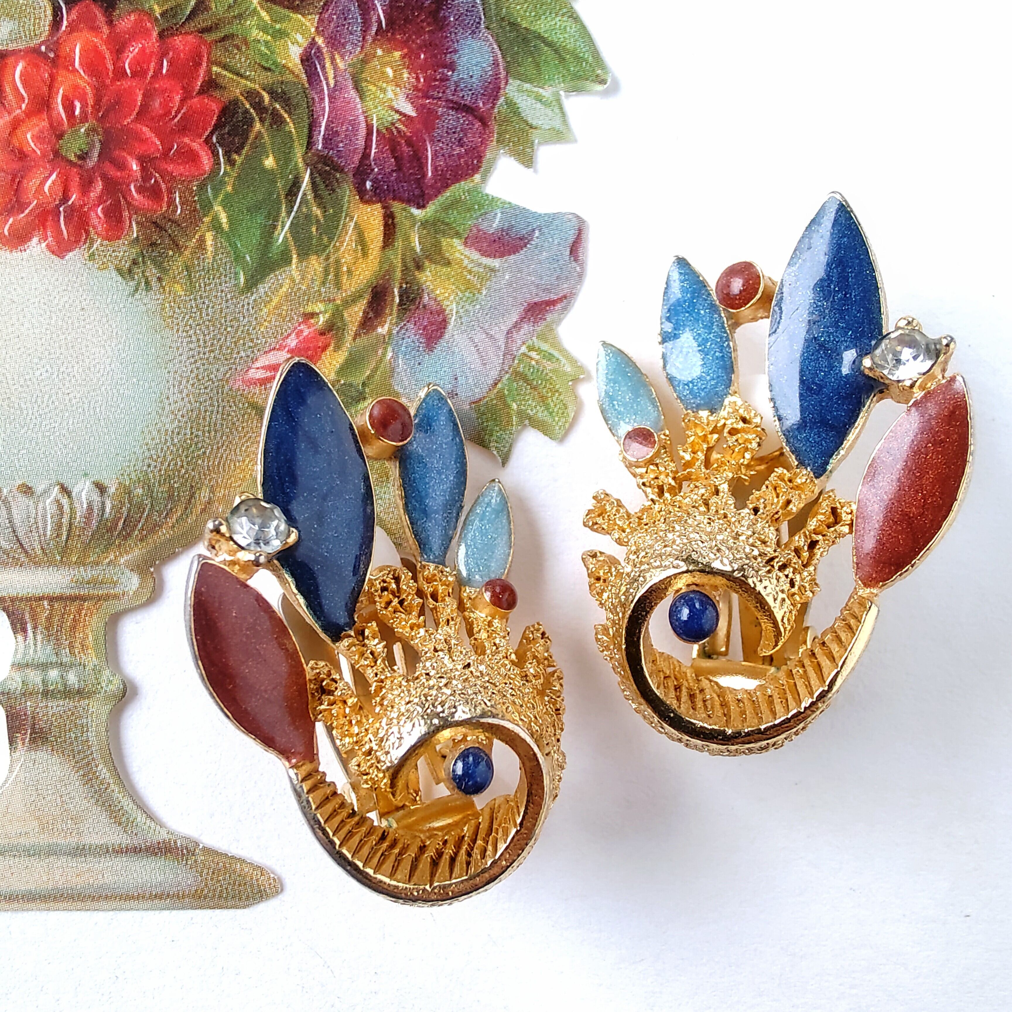 Orena Paris》 gold swirl blue brown enamel southwest design vintage earrings オレナ  パリ ヴィンテージイヤリング delightful kicky uni vintageshop