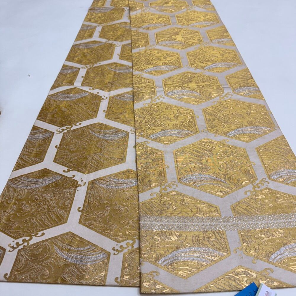 中古 丸帯 正絹 草花 全通柄 ゴールド Bランク 397cm 6252