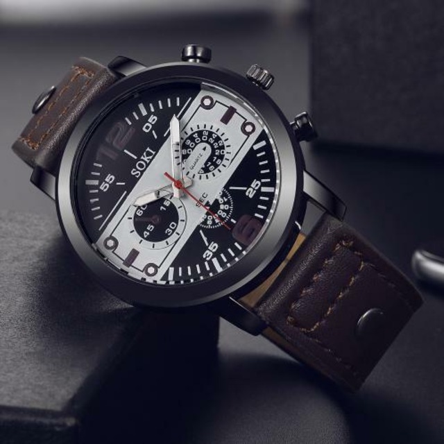 メンズ　腕時計　ビッグダイヤル　ブラウン　茶色　クォーツ時計　革　ミリタリー　スポーツウォッチ　高級　Lynn-84-brown