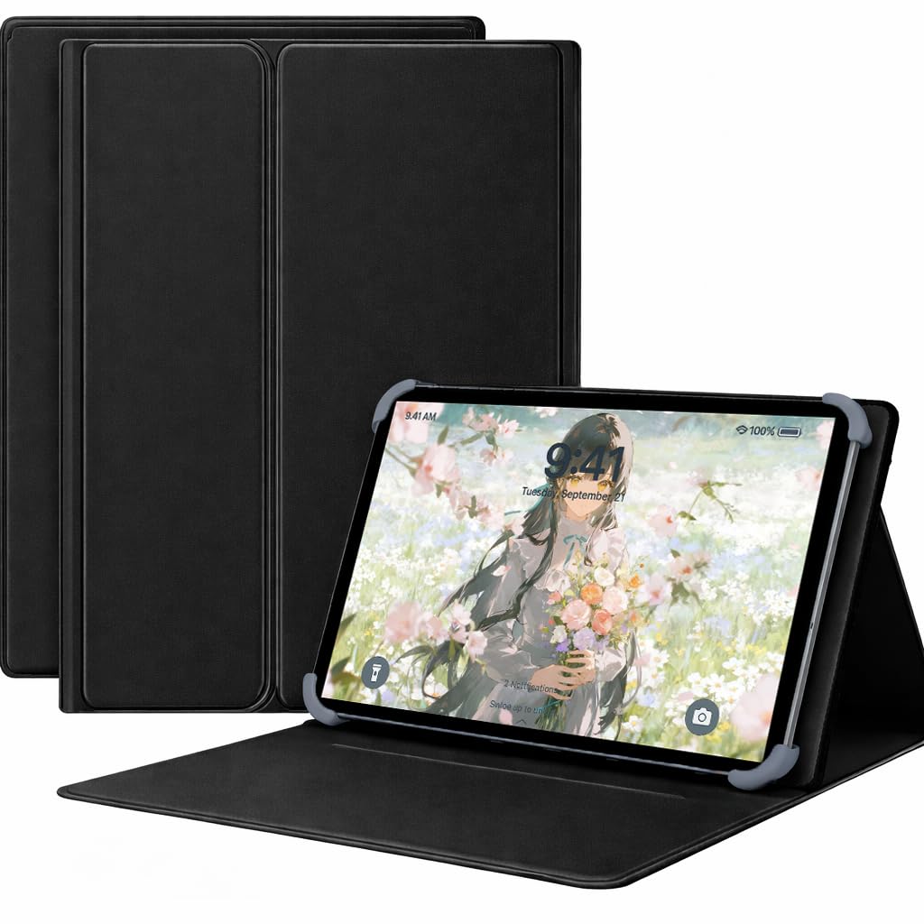For スマイルゼミ スマイルタブレット4 (SZJ-JS203) ケース 9-11インチ タブレットケース マグネット着脱式 3段階スタンドスロット&視野角度調節 スタンド機能 四隅テンションクリップ固定 耐衝撃設計 PUレザー 高級PUレザー (ブラック, スマイルタブレット4)