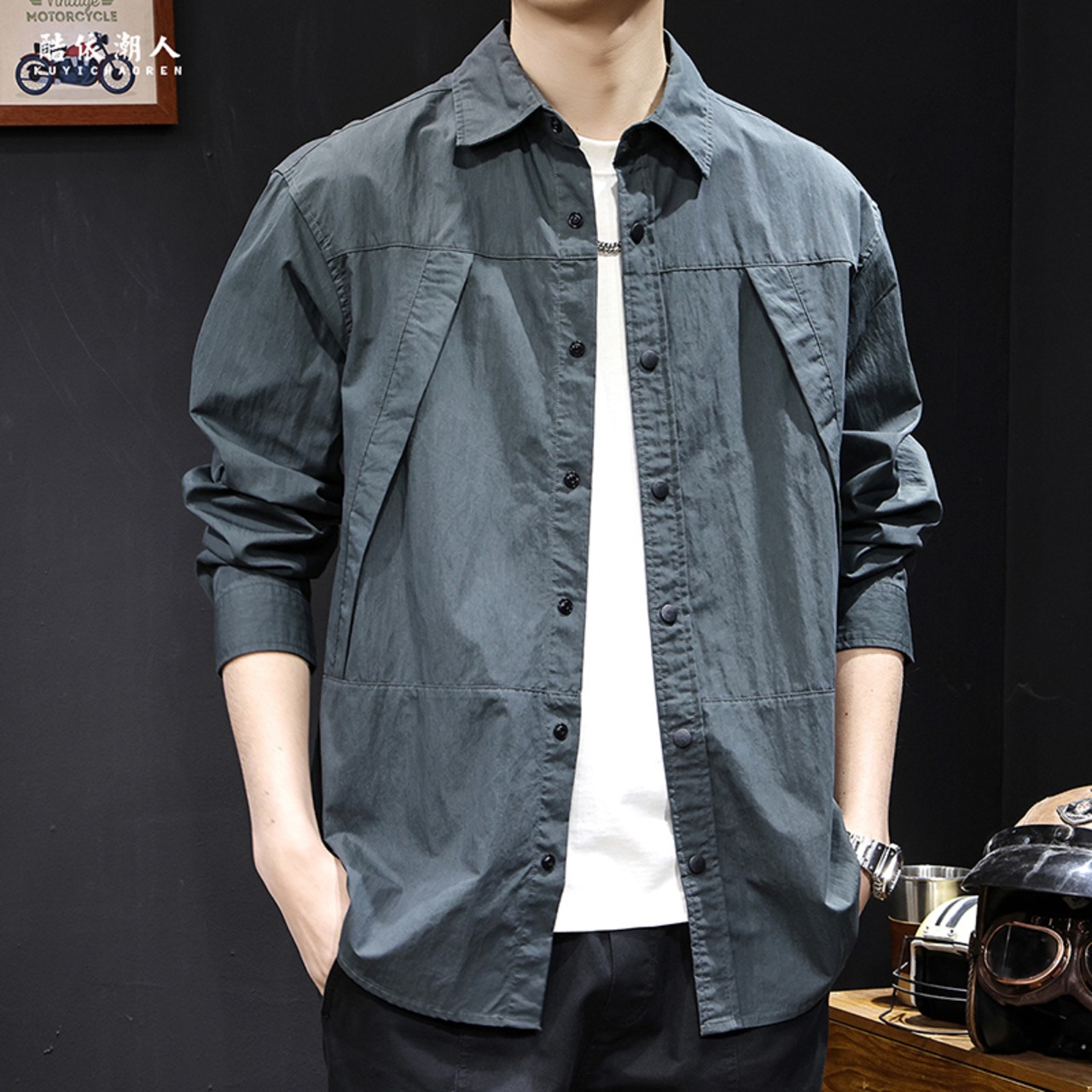 Panel Design Three-Quarter Sleeve Button-Down Shirt ◇3color H0468