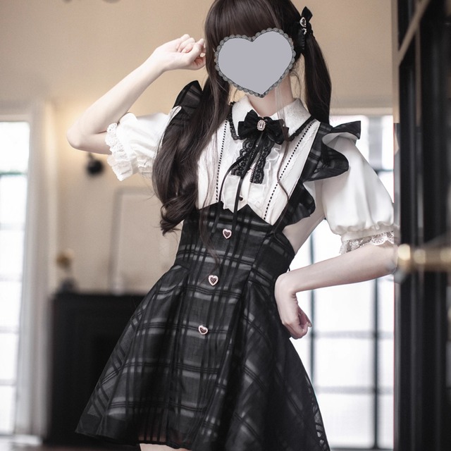 クラロリ ブラウス 半袖 レース チェック柄 地雷系 普段着使い 胡桃木 可愛いファッション