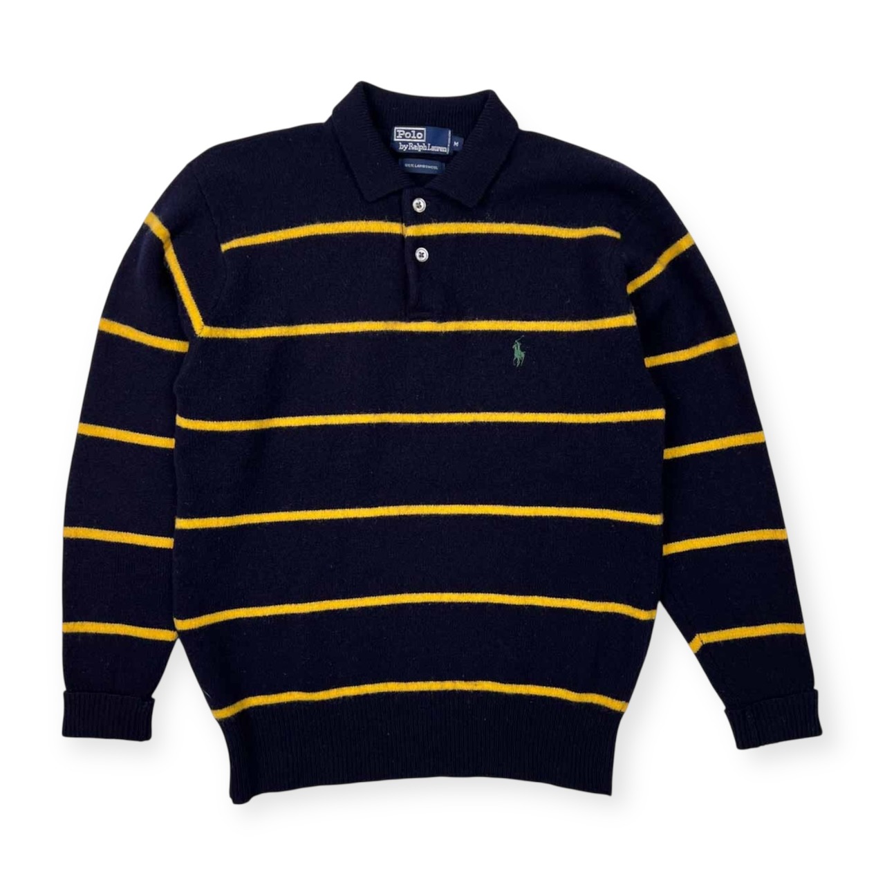 90s Polo Ralph Lauren ラルフローレン ワンポイント刺繍 ポロ ウールニットセーター サイズ M /ネイビー×イエロー/ナイガイ/ビンテージ