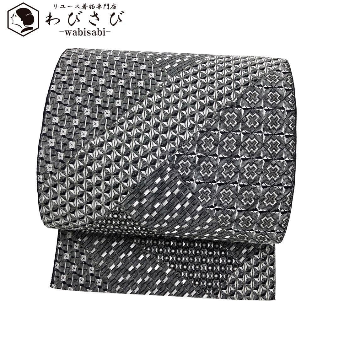 未着用 名古屋帯 流線 幾何学 抽象模様 ピーコックグリーン 着物 035a  