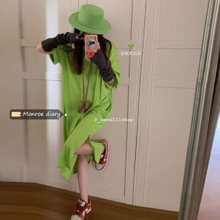 グリーンTシャツ ドレス サマールーズロングスカート スリム 夏物 モンロー43468218554