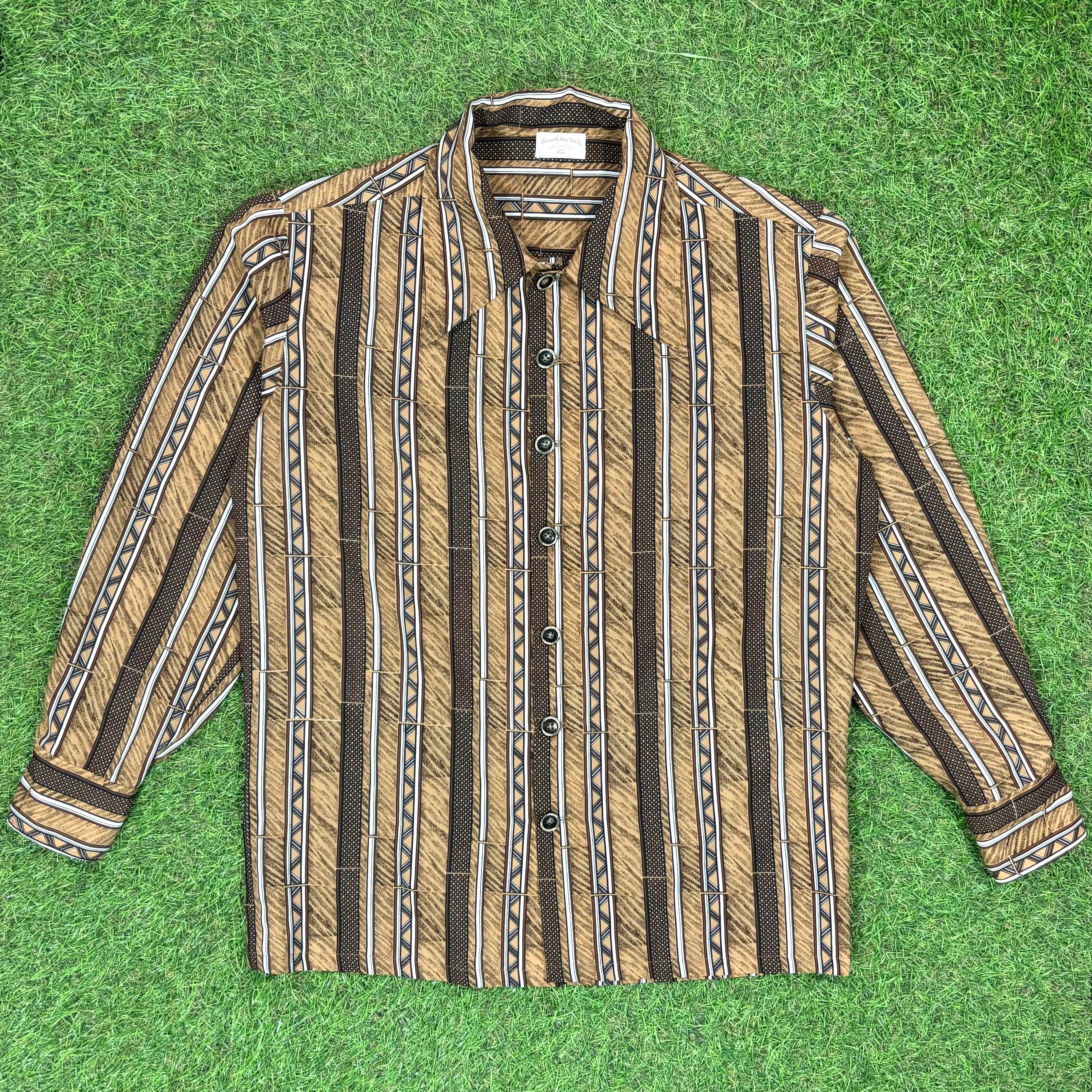 ヴィンテージ　長袖シャツ　総柄　ブラウン　エスニック　70ｓ　ジャガード織り 90sヴィンテージ 開襟 総柄シャツ 長袖 バティック ヒッピー