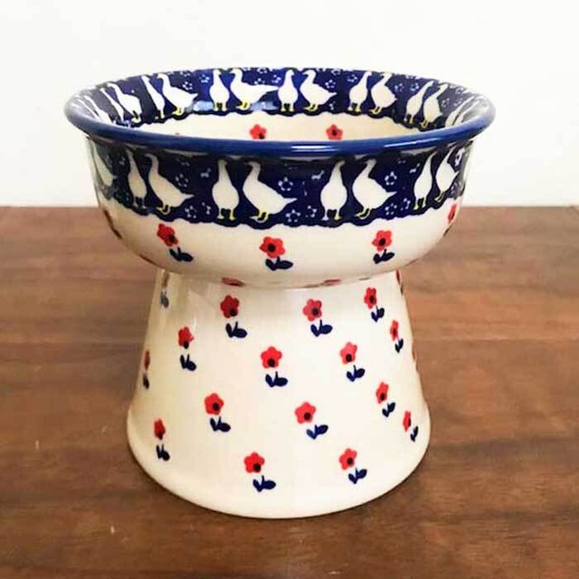 Polish Pottery  ポーランド陶器　ペットボウル　高さのあるお皿  アヒルと花柄