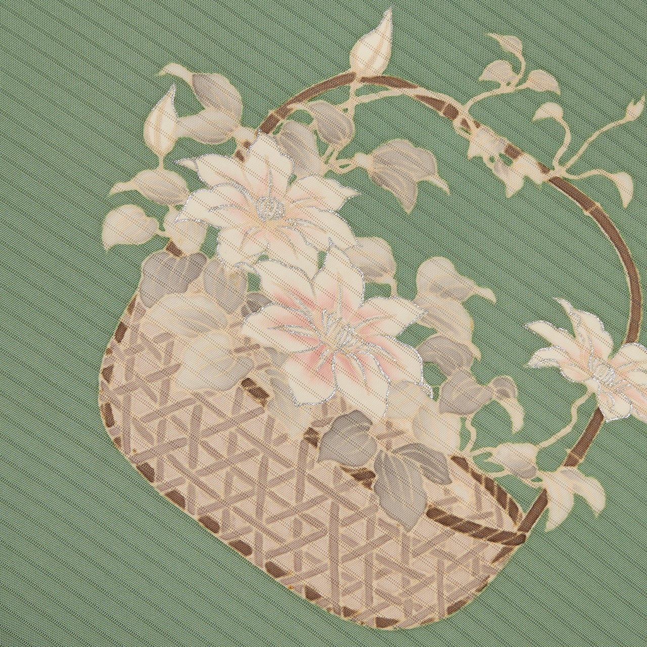 未着用　作家もの　名古屋帯　塩瀬　花模様　くすみカラー　着物　042a d 花籠にテッセンのお花の模様 絽塩瀬 夏名古屋帯【未着用品】 | かわの屋