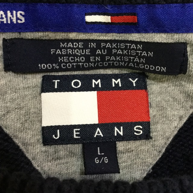 『送料無料』90s TOMMY JEANS 袖ケーブル編みコットンニット フラッグデザイン