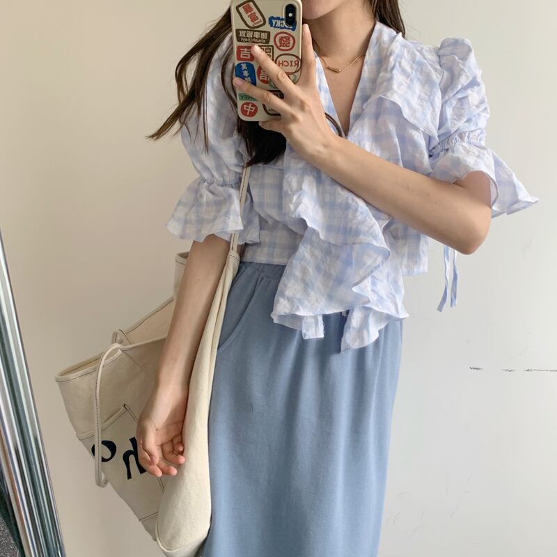 カラーシャツ スリーブ格子柄トップス サマーレディース レース 夏物 レースアップ ビッグFスモールZ韓国4757920739