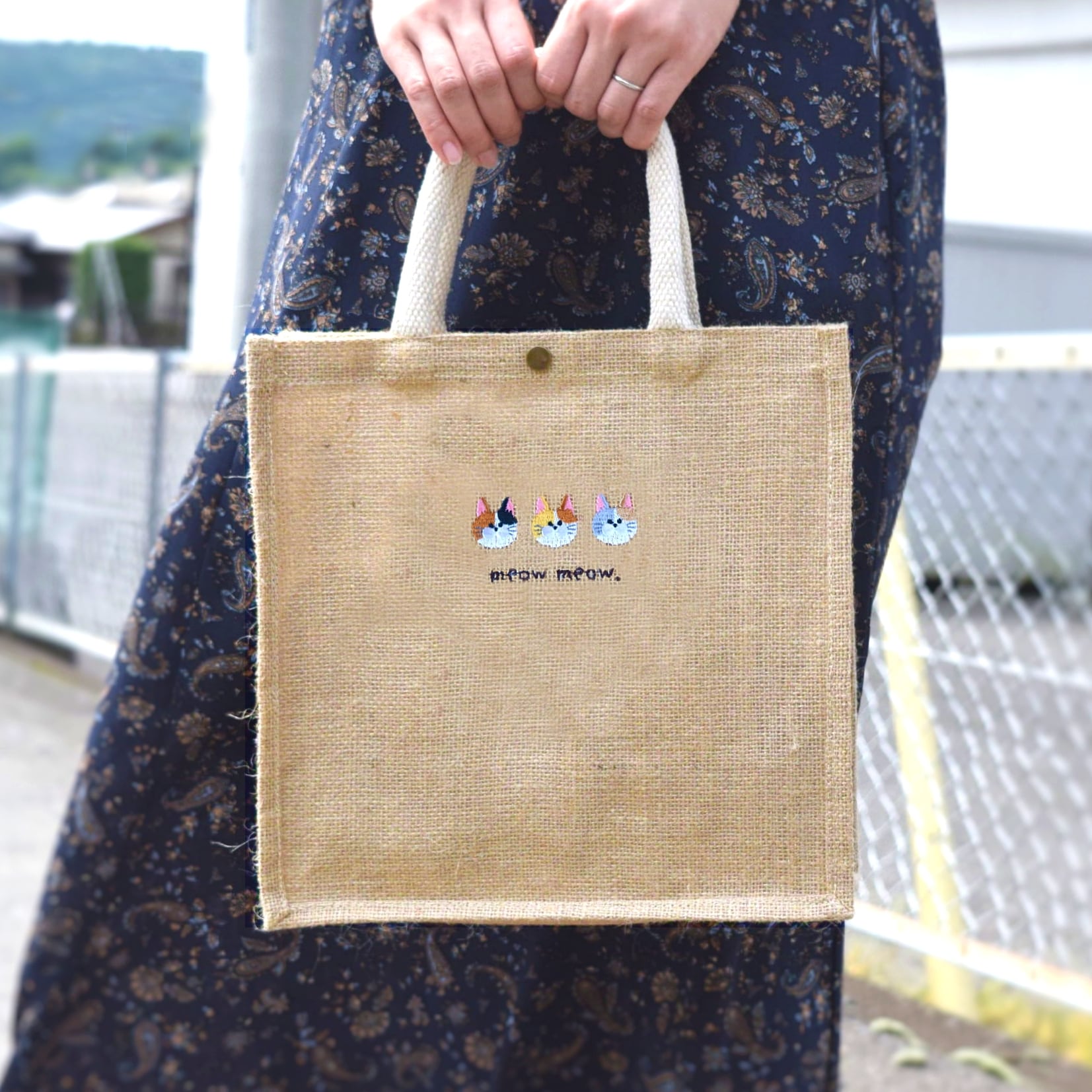 猫が選べる！刺繍ジュートバッグ ショルダー 2way ねこ かごバッグ