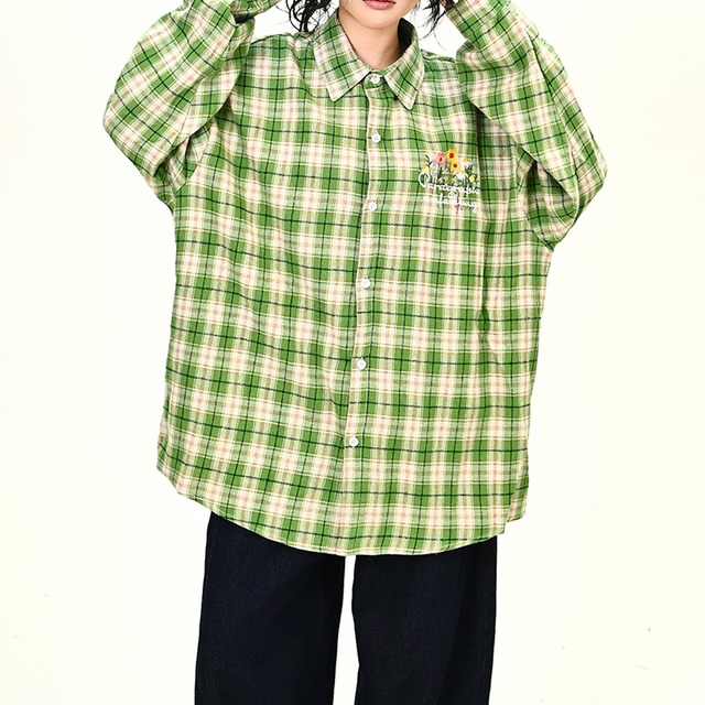ボタニカルモチーフデザインチェックシャツ 2col   R01081