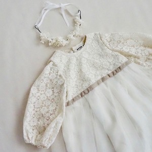 Cluny lace  puff sleeves Kids dress & head accessory（cream）90