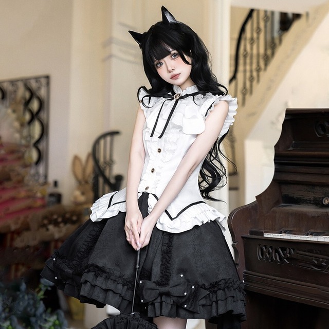 ゴスロリ セットアップ 黒猫風 ブラウス スカート 黒白フリル｜WithU