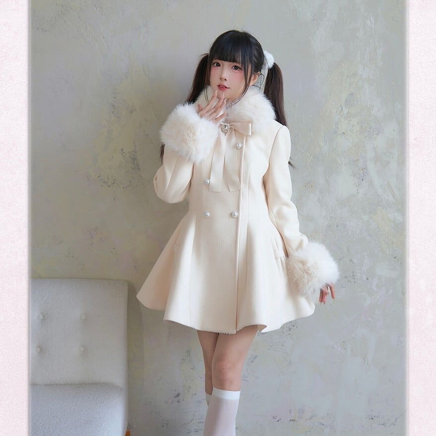 量産型 地雷系 コート ファー ネックリボン ビジュー 冬服 | ゴスロリ