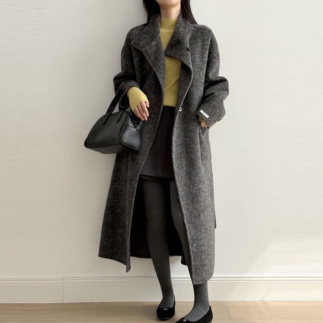 スタンドカラー ウエストベルト付き ウールロングコート ダークグレー CT00156