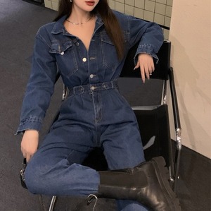【送料無料】 オールインワン ジャンプスーツ つなぎ パンツスタイル レディース デニム ジーンズ 前ボタン 長袖 ハイウエスト ロング 細見え 美脚 脚長効果 スタイルアップ 無地 シンプル 大人 カジュアル おしゃれ お洒落 韓国 春 秋 冬 ブルー 20代 30代 40代 50代 大きいサイズ 2XL