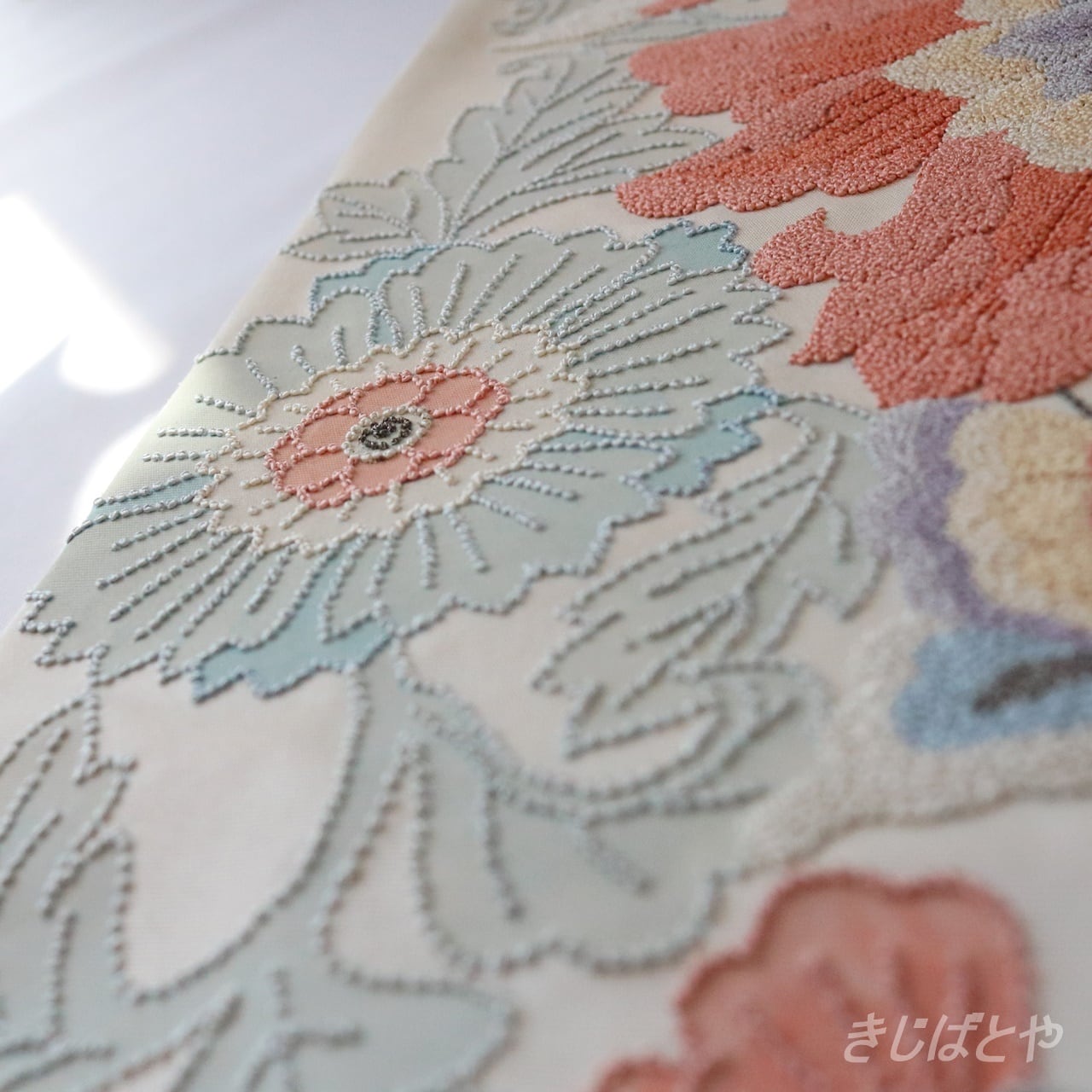 相良刺繍 袋帯 ビーズ刺繍のようなかわいい袋帯 花と鳥 正絹 アンティーク
