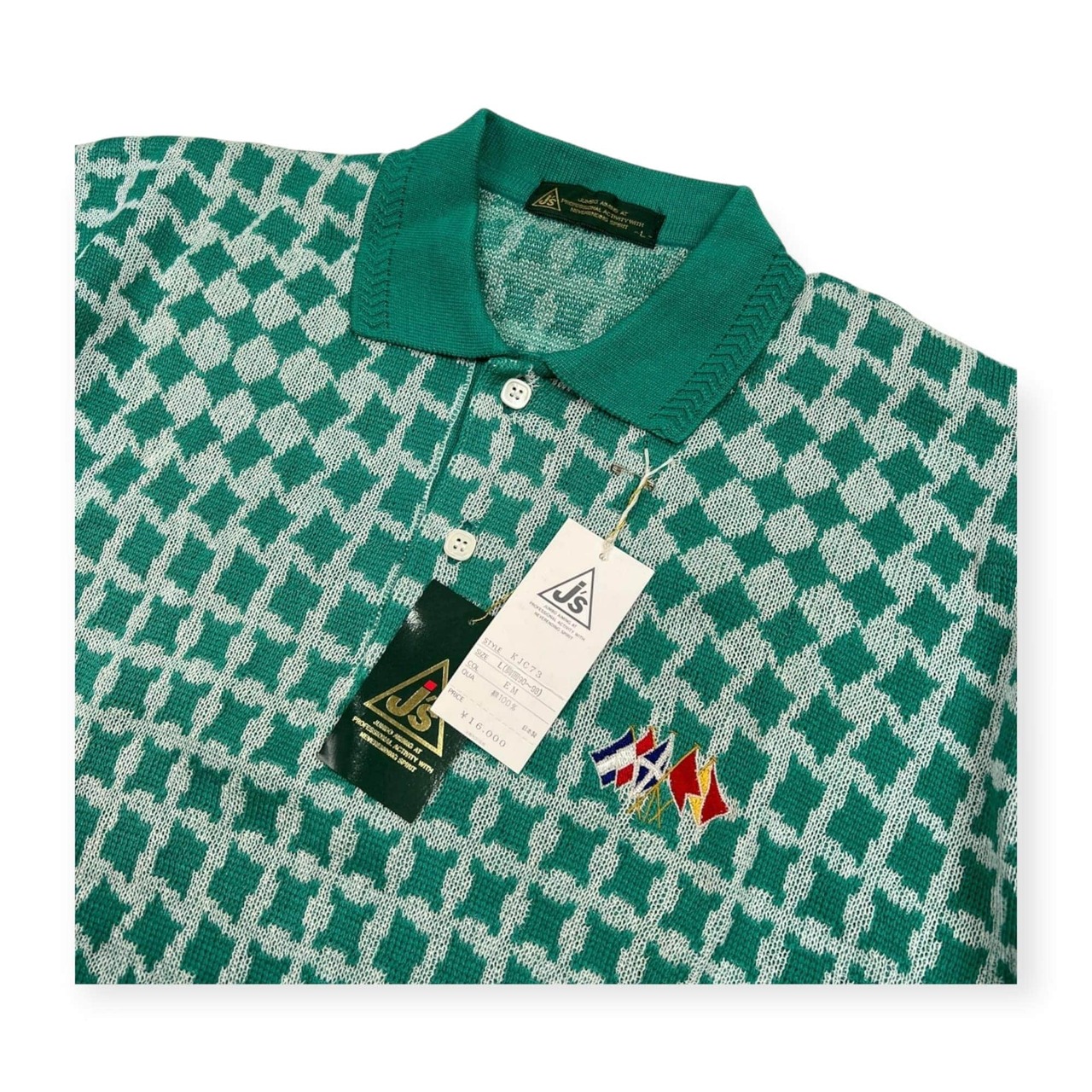 未使用品 タグ付き J’s ジェイズ ジャンボ尾崎 総柄 半袖 ニット ポロシャツ サイズ L /エメラルドグリーン