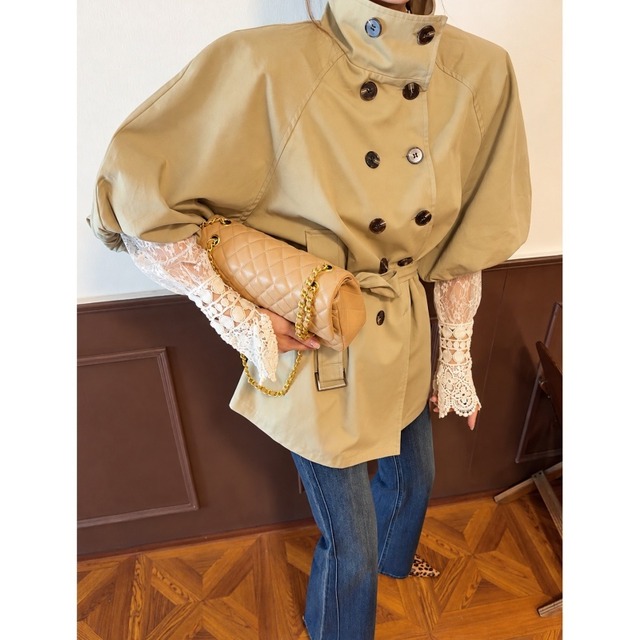 Balloon sleeve belted trench coat　M1871