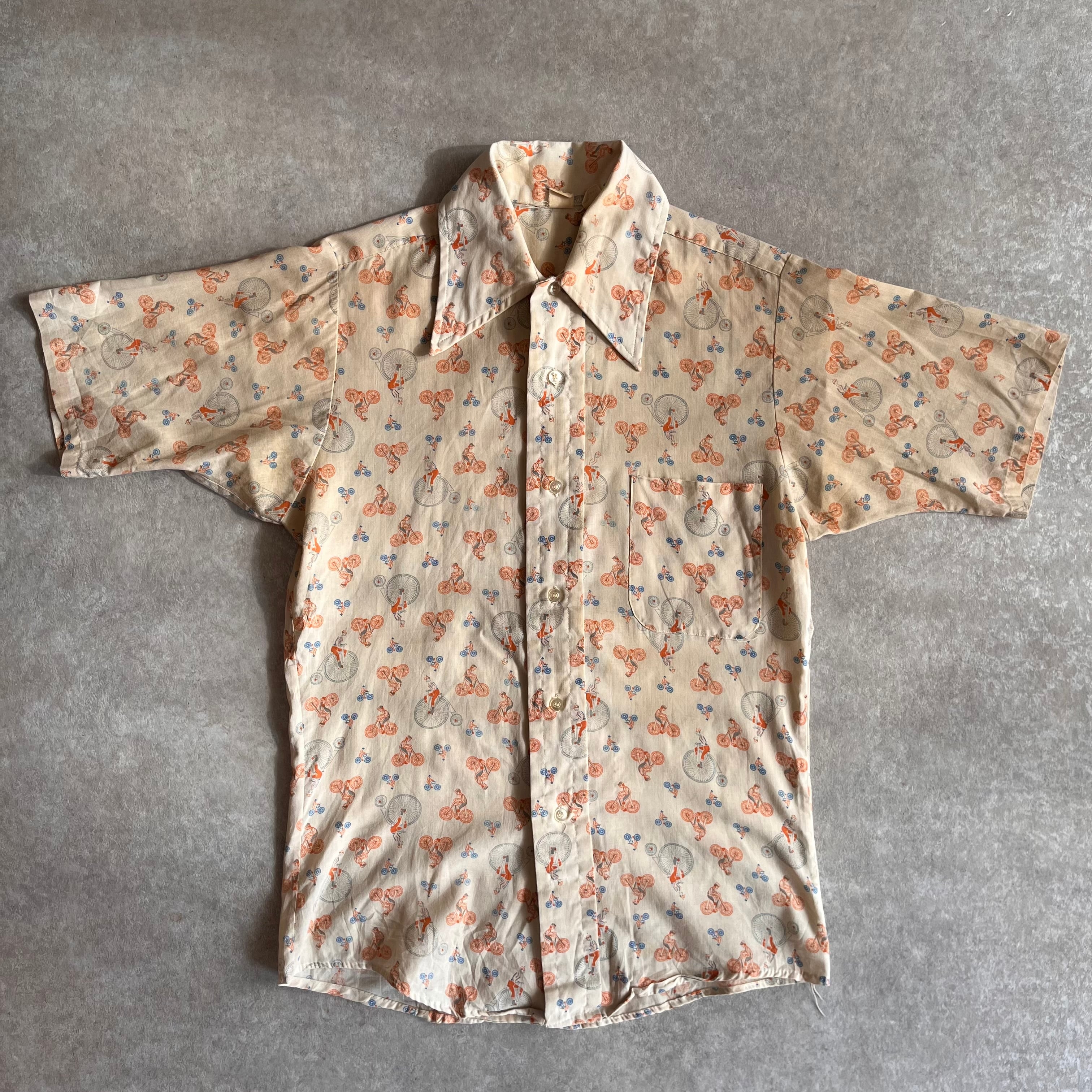 1970s Bicycle Pattern S/S Shirts S Made in USA H004
