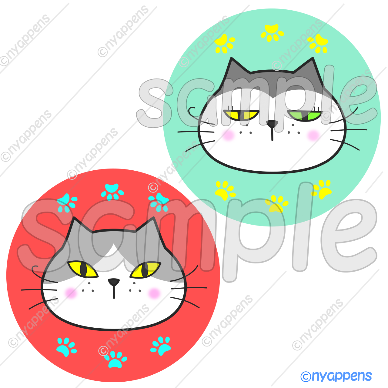 【商用利用OK】猫イラスト(ヒゲまる/全20種類セット)シールやアイコン、素材に!