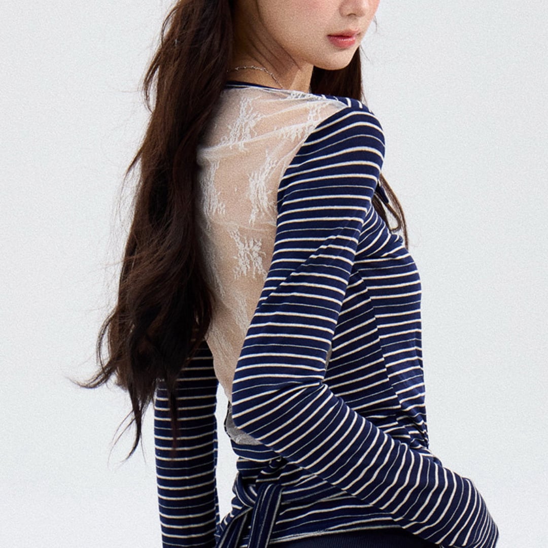 バックレース切替ボーダーVネックトップス A44