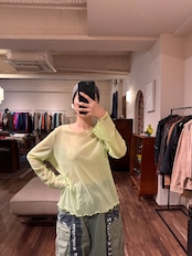 【フランス製】透け感シアメッシュ シアー長袖カットソー/ライムグリーン