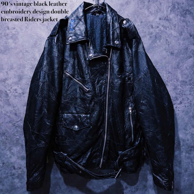 【doppio】90's vintage black leather embroidery design double breasted Riders jacket