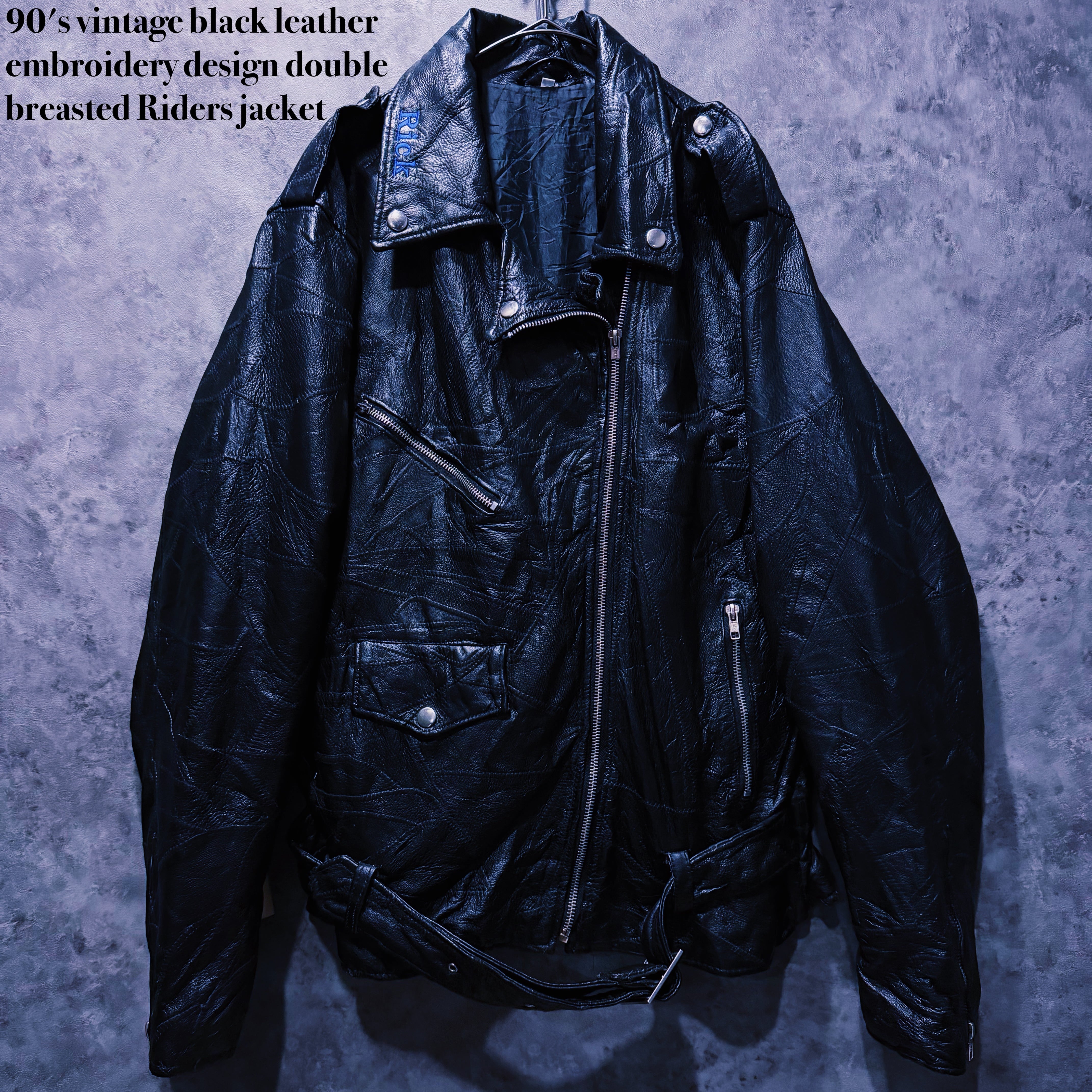 【doppio】90's vintage black leather embroidery design double breasted Riders jacket