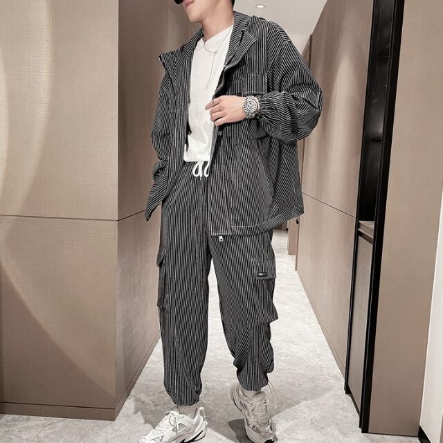 予約販売】メンズ セットアップ 上下 ブルー グレー ストライプ柄