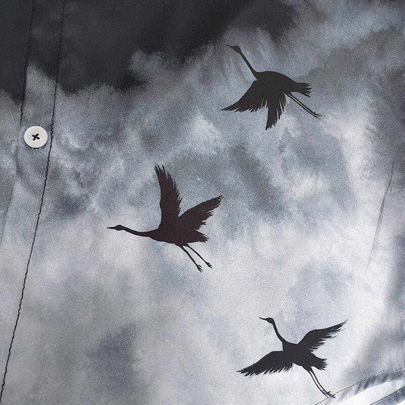 倉寶兒屋シリーズ チャイナ風シャツ 2color 黒or白 鶴 つる 水墨柄 古風 男女兼用 シンプル かっこいい Elegant