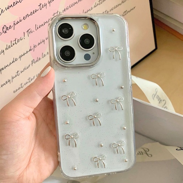 クリア リボン パール シルバー メタル ケース 韓国風 | iPhoneケース