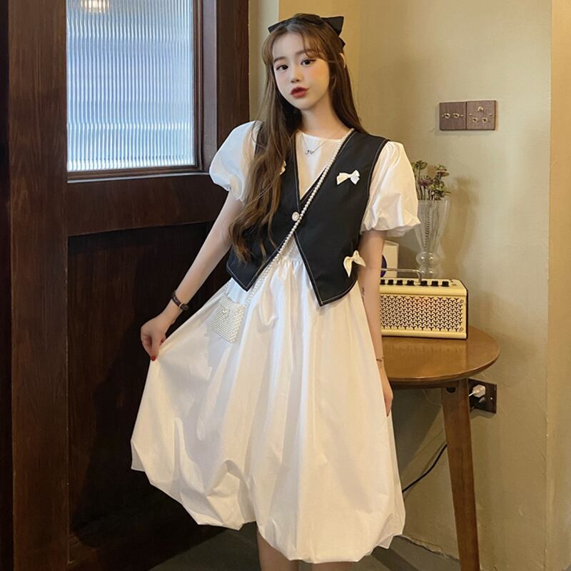 カラーウェストスカート スプリングドレス レディース ランタンスリーブ 大人ガーリー スウィート キュート カジュアル 春物 萌量不足96093806648