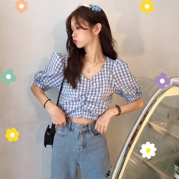 春夏新デザインセンスニッチTシャツフェミニンチェック柄ショート半袖ヒョナスタイルトップス YY-ファッション64442418690