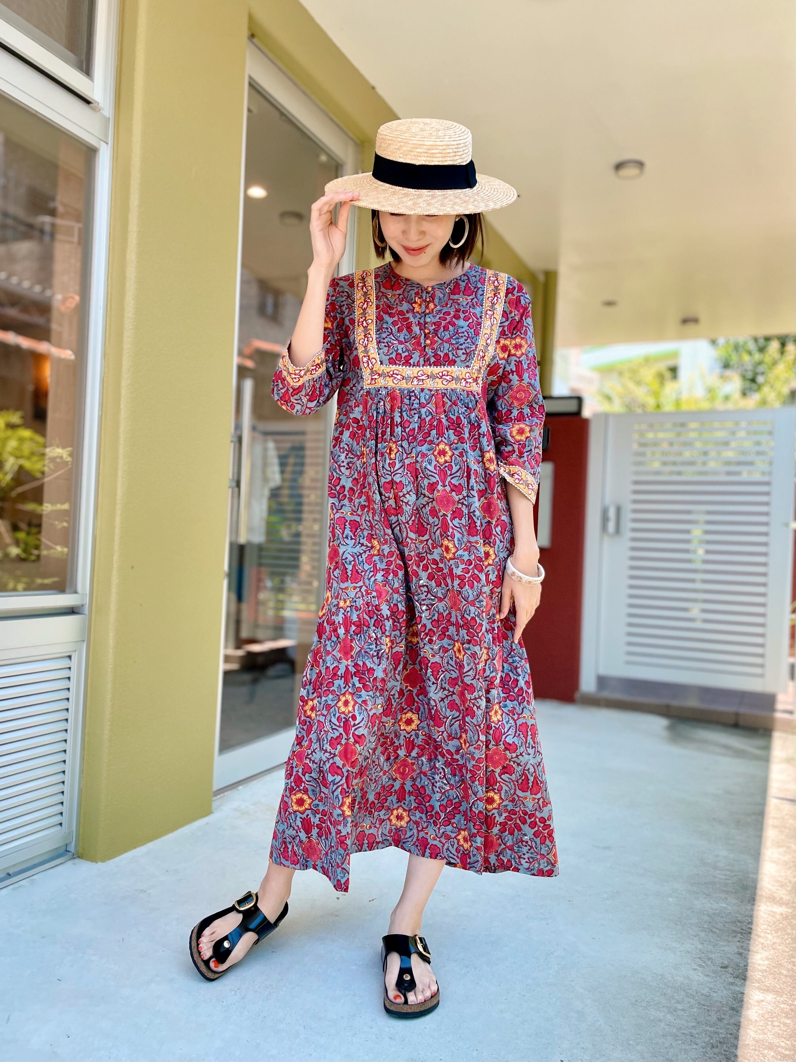 ブロックプリントワンピース / ガーネット | at okinawa