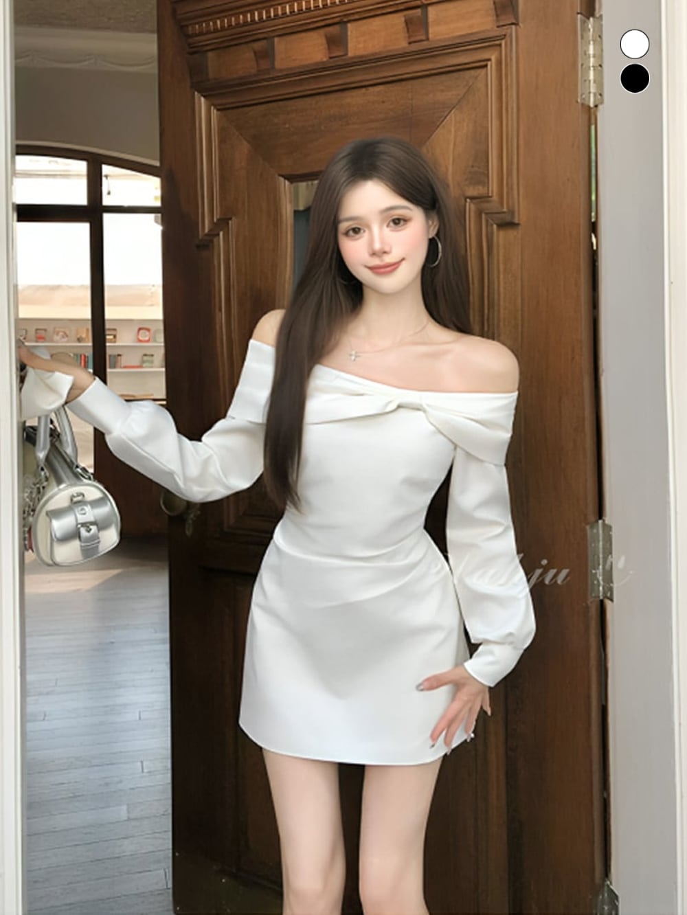 #大人可愛い|フロントビッグリボンキャミソールオフショルダーロングワンピース|WAHJU