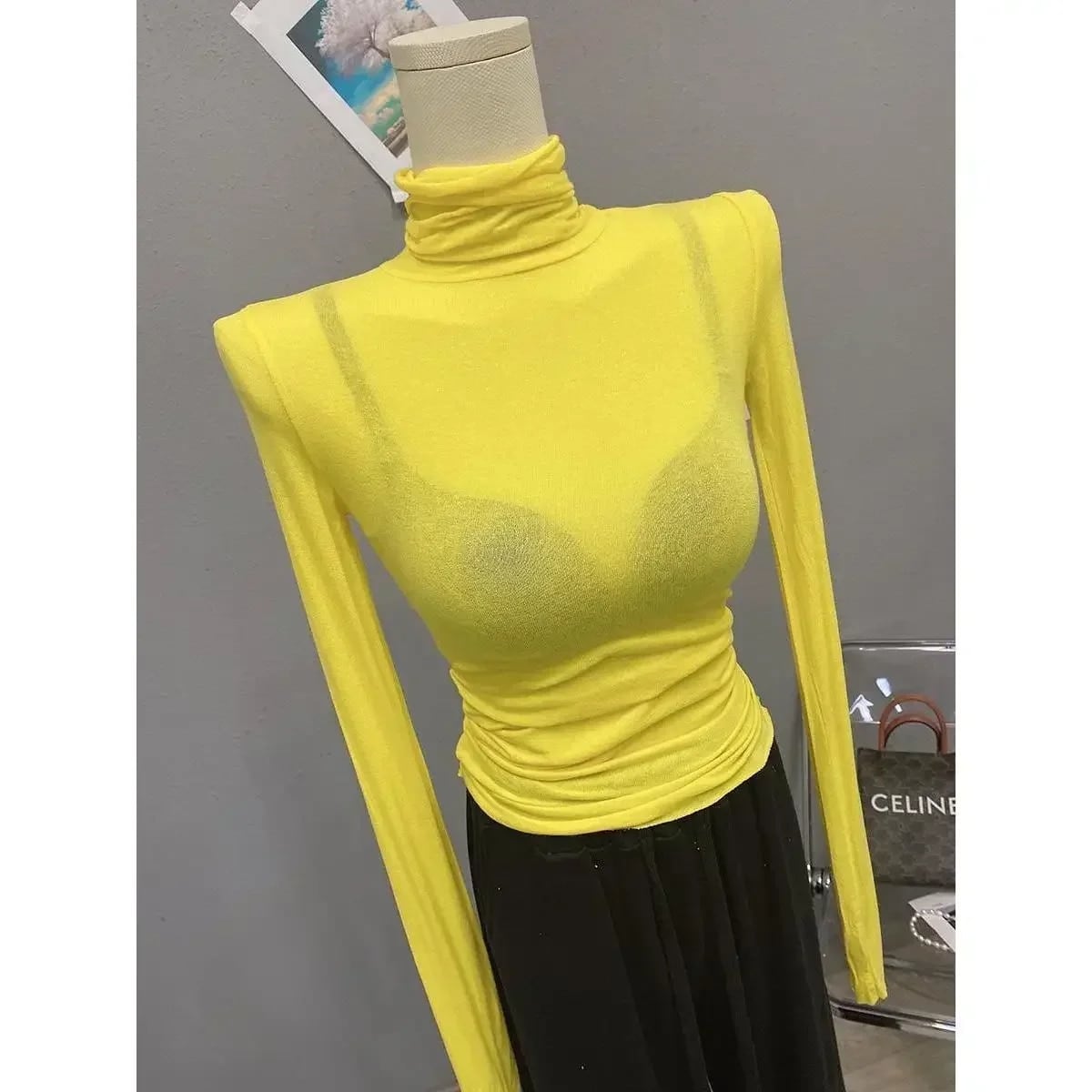 女性のためのセクシーなタートルネックトップ,スリムフィット,透明なTシャツ,ハイストレッチ,タイト,長袖,スリム,ソリッド,春,卸売