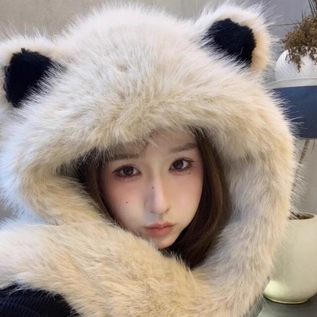 予約販売】ファー 帽子 耳付き マフラー付き レディース グレー