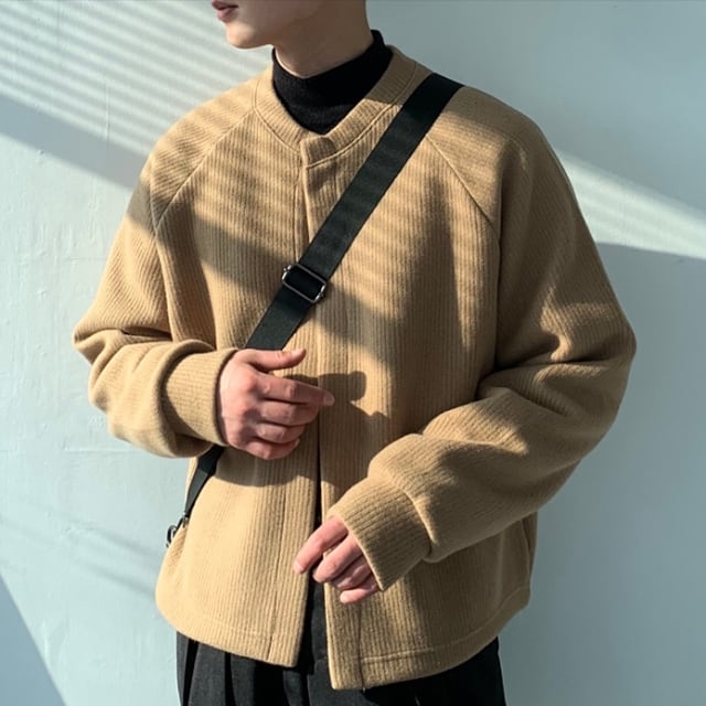 【予約販売】ジャケット ノーカラー ラウンドネック アウター 黒 ベージュ ブラック ショート丈 メンズ お洒落 こなれ感 シック 秋 冬 M/L/XL