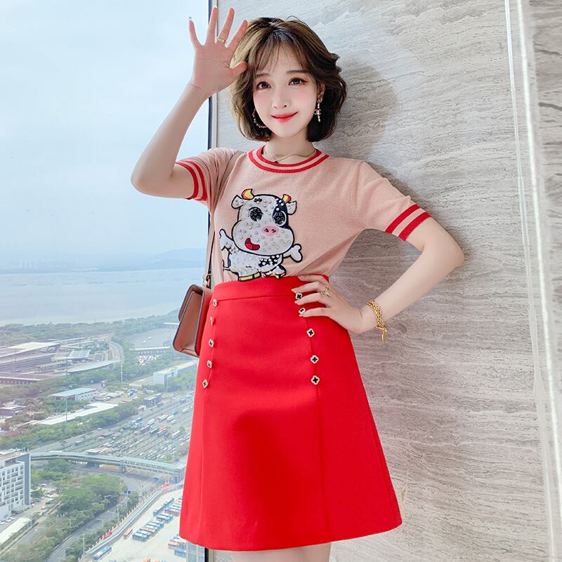 ラウンドネックニットTシャツ ダブルブレストAラインスカート スプリングサマー 春物 夏物 Oネック MIUCO93097147792