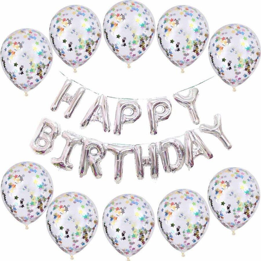ハッピーバースデー カラフルスターコンフェッティー シルバーバルーンセット 誕生日 飾り付け 特大 文字 バルーン 風船 Fta072 幸せを運ぶ風船shopフロンティアバルーン