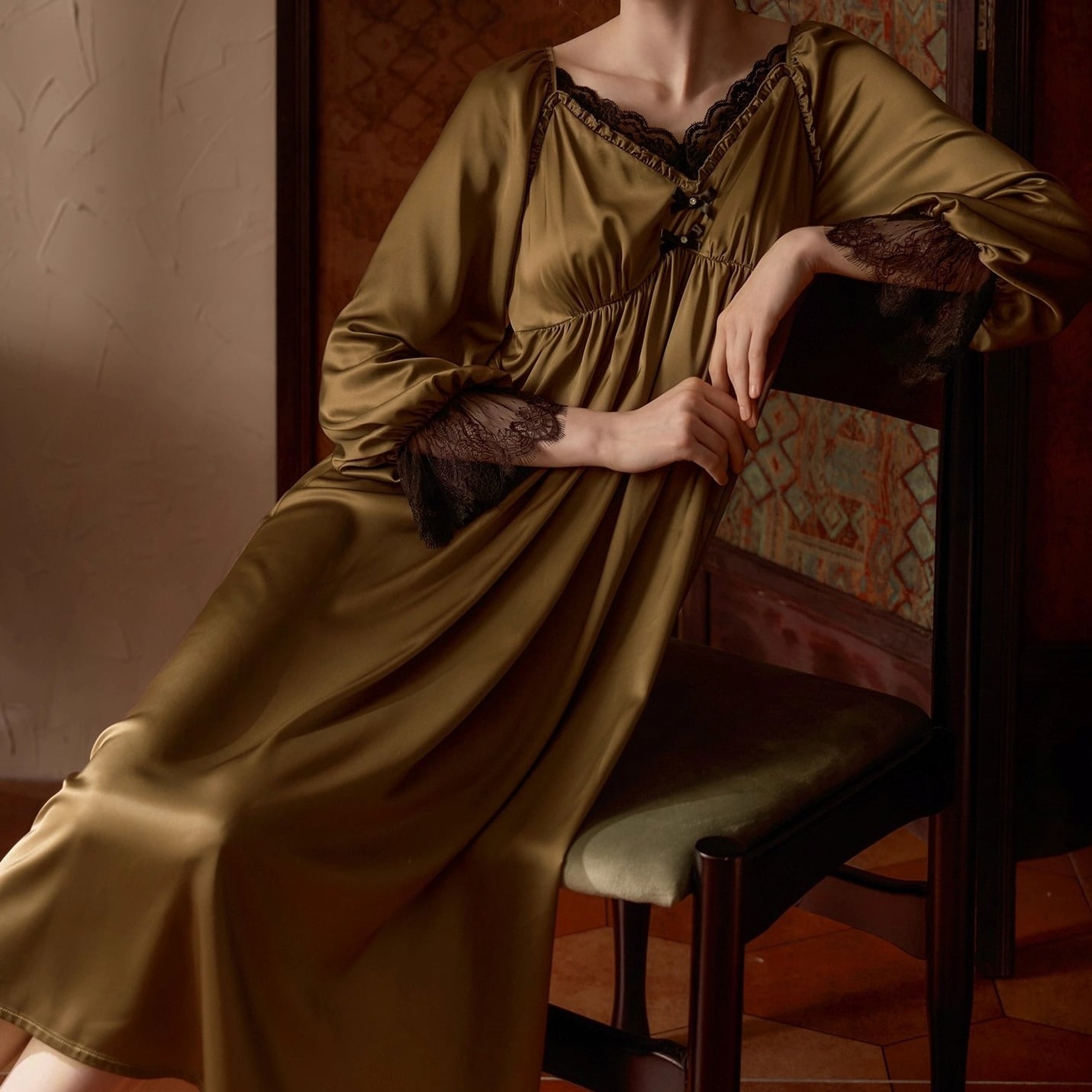 【2COLOR】【S-L】diamond-neck lace nightdress p1565