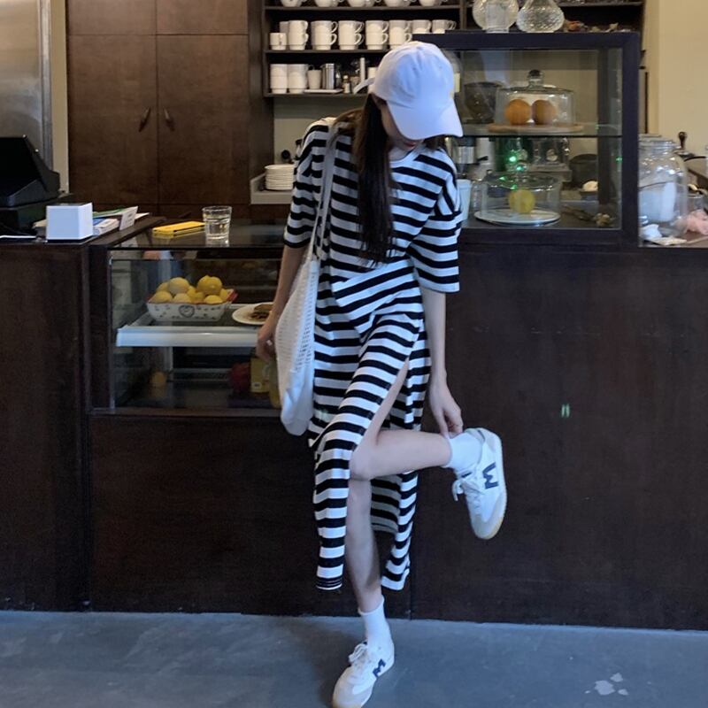 ストライプカジュアルTシャツ ドレス サマールーズロングスカート 夏物 スーパーモール31003266677