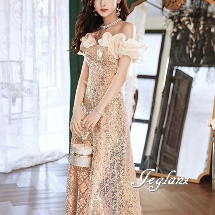 華やか イブニングドレス 背中 編み上げ フリル スパンコール 光沢感(M8864)ζ