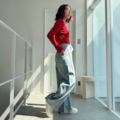 配色ラインリブknit/レッド
